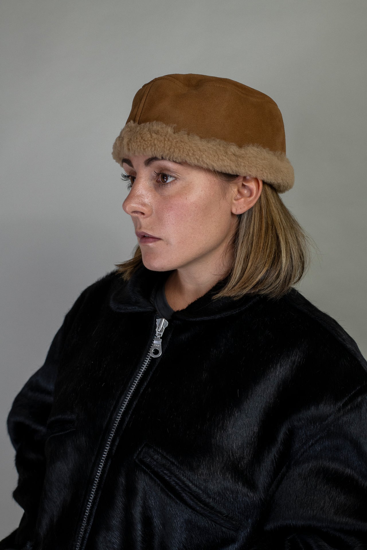 Suede Back Curly Sheepskin Pill Box Hat