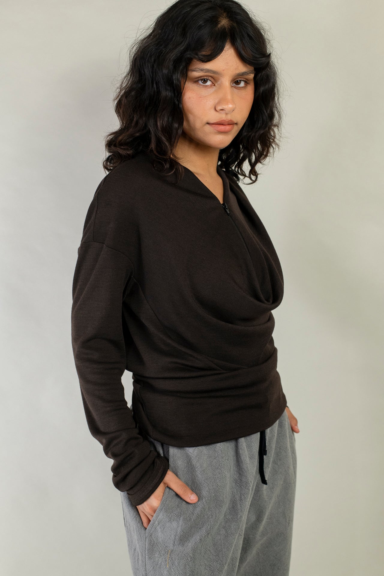 Cowl Neck Drape Long Sleeve