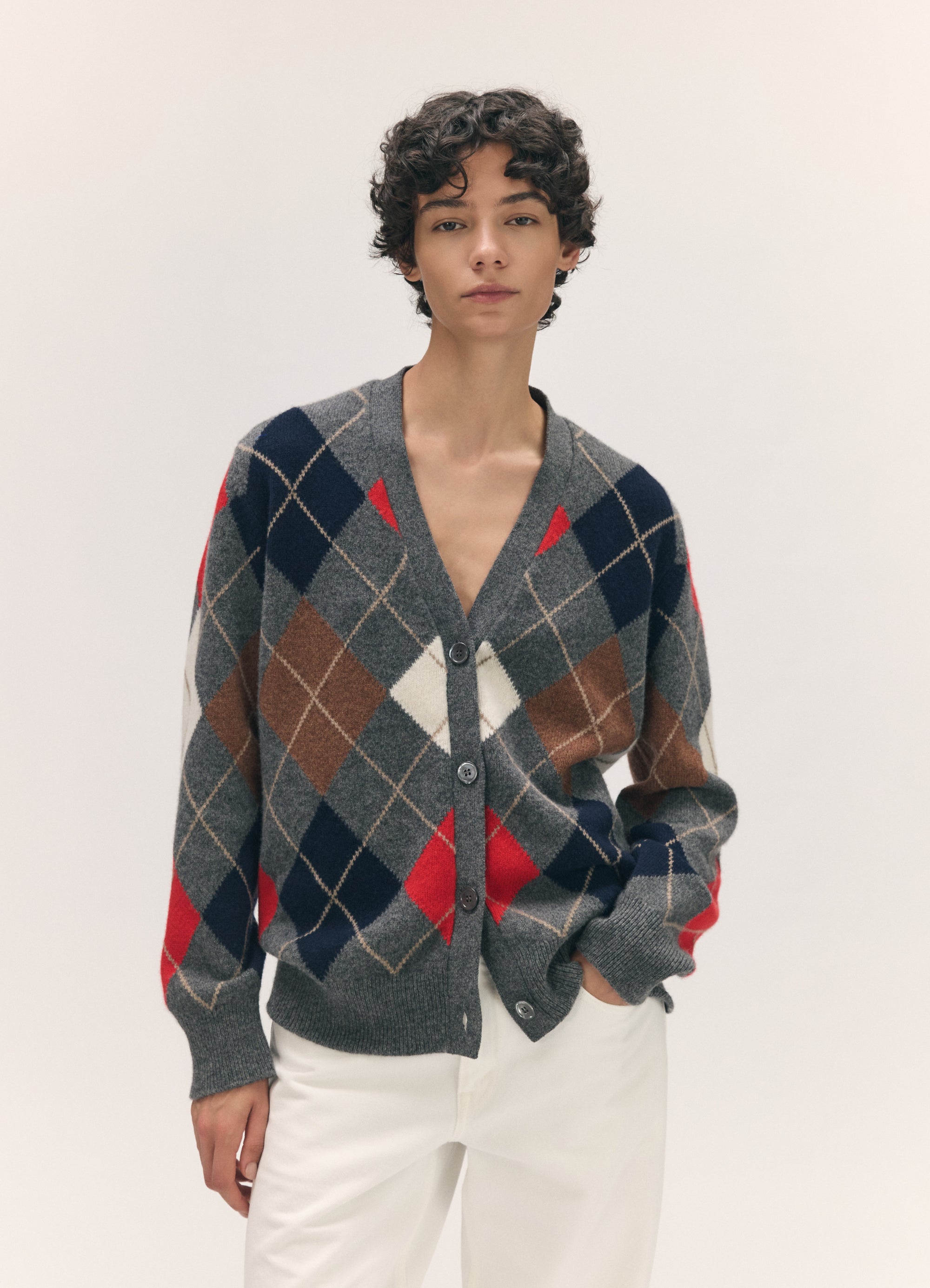 Ava Argyle Cardigan in Derby Grey with Red & White