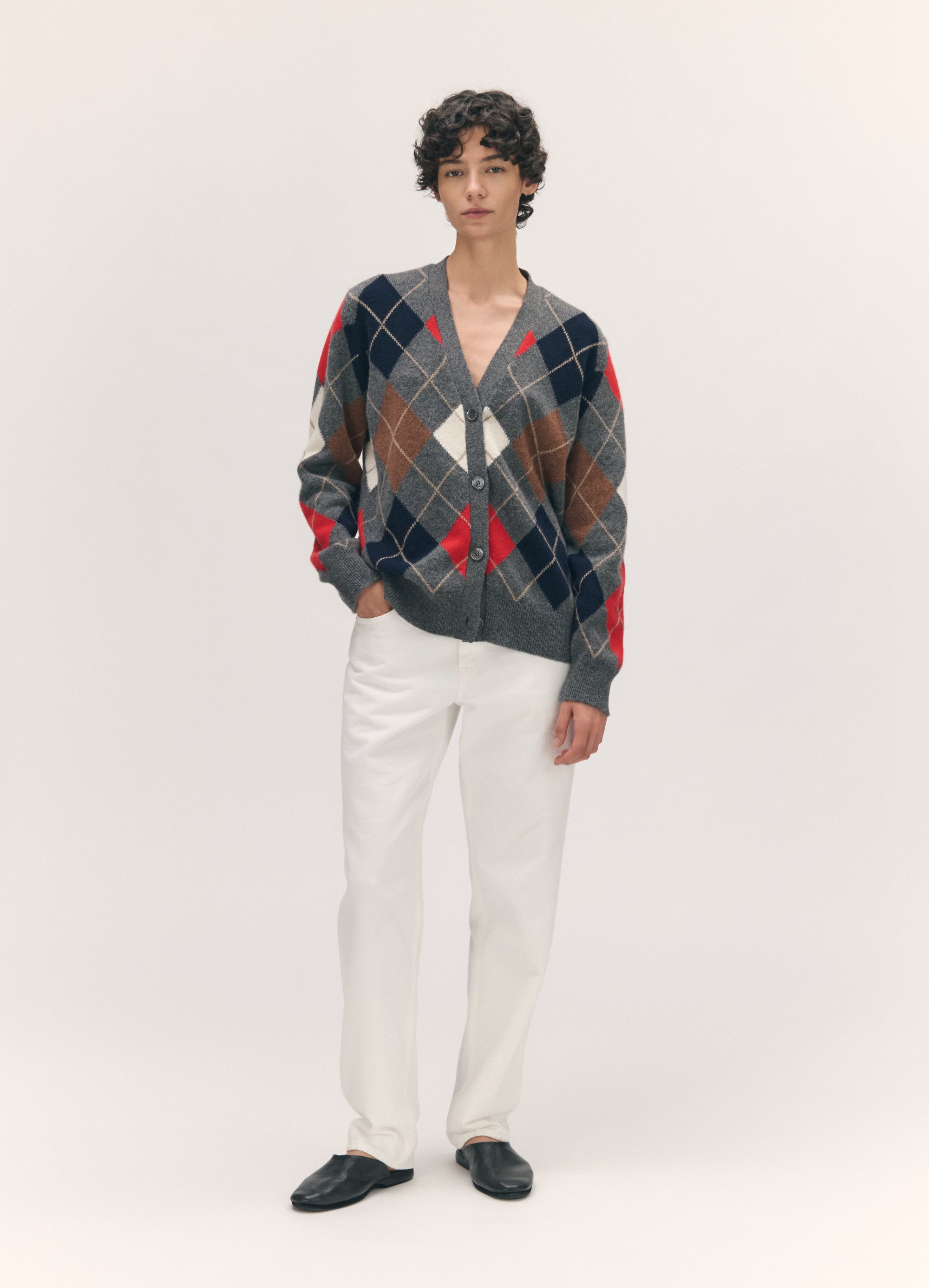 Ava Argyle Cardigan in Derby Grey with Red & White
