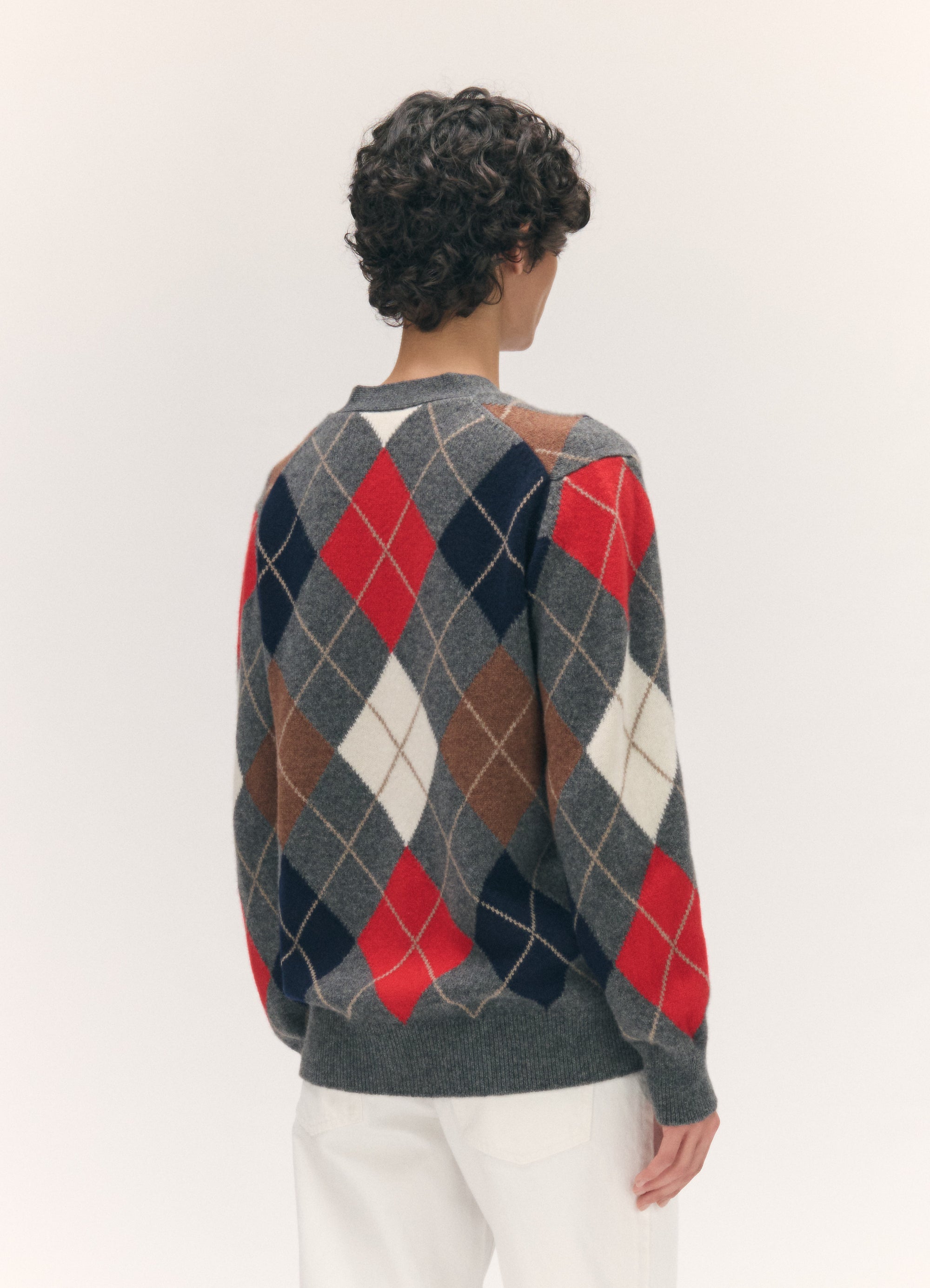 Ava Argyle Cardigan in Derby Grey with Red & White