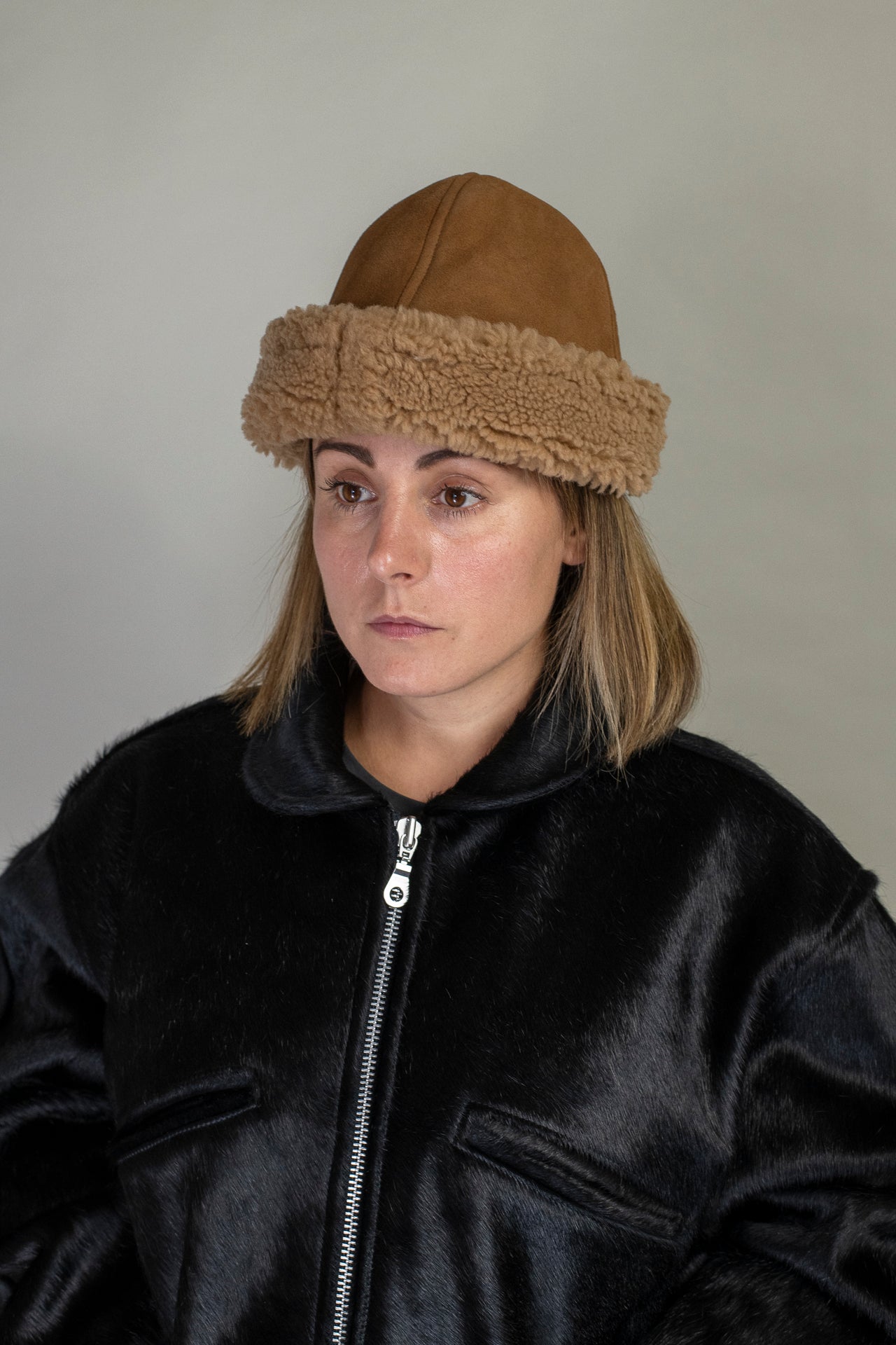 Suede Back Curly Sheepskin Cap