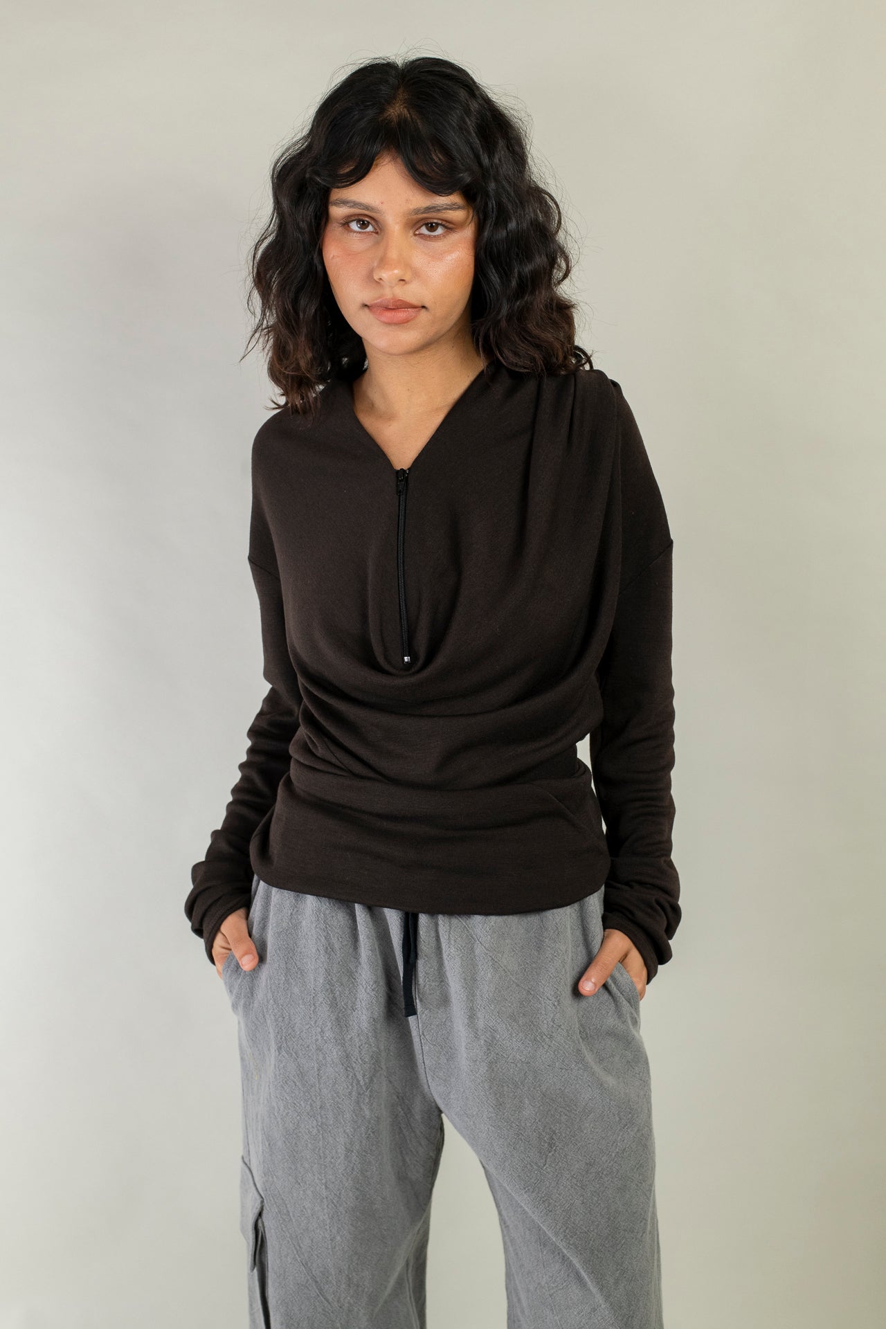 Cowl Neck Drape Long Sleeve