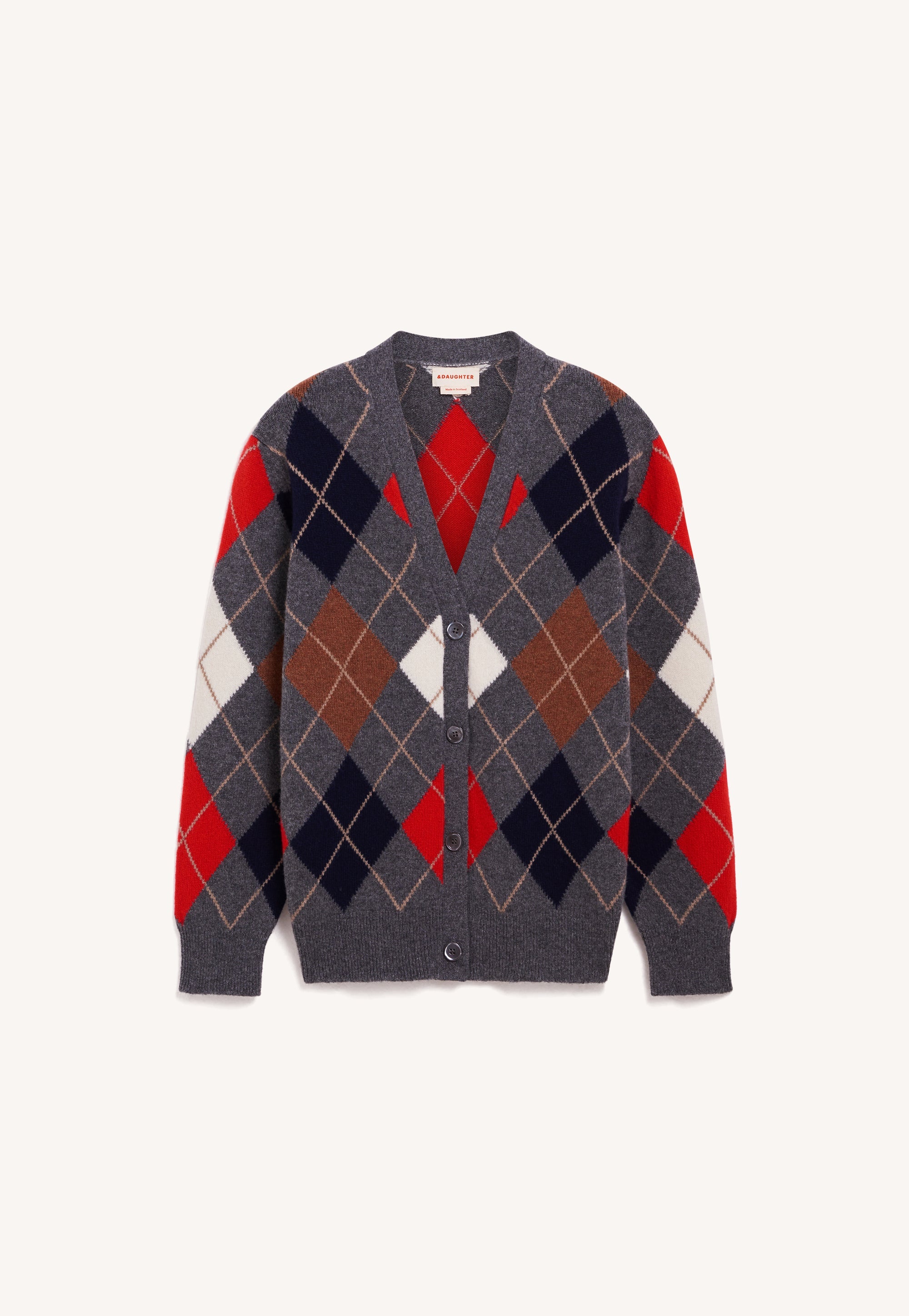 Ava Argyle Cardigan in Derby Grey with Red & White