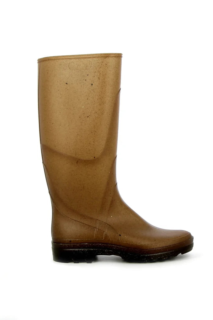 A single mid-calf rubber rain boot in a warm brown color, shown from a side profile view against a plain white background.