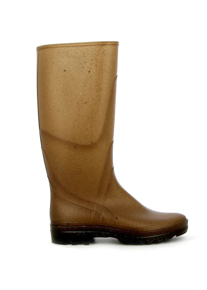 A single mid-calf rubber rain boot in a warm brown color, shown from a side profile view against a plain white background.