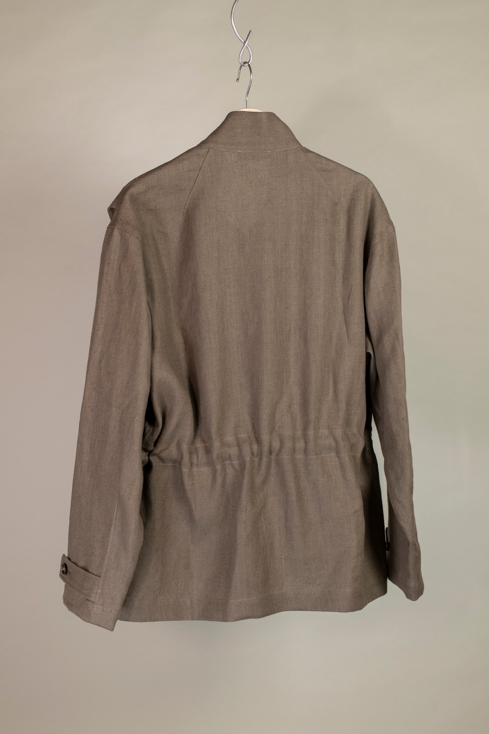 Back view of Wanze men's natural linen field jacket in brown
